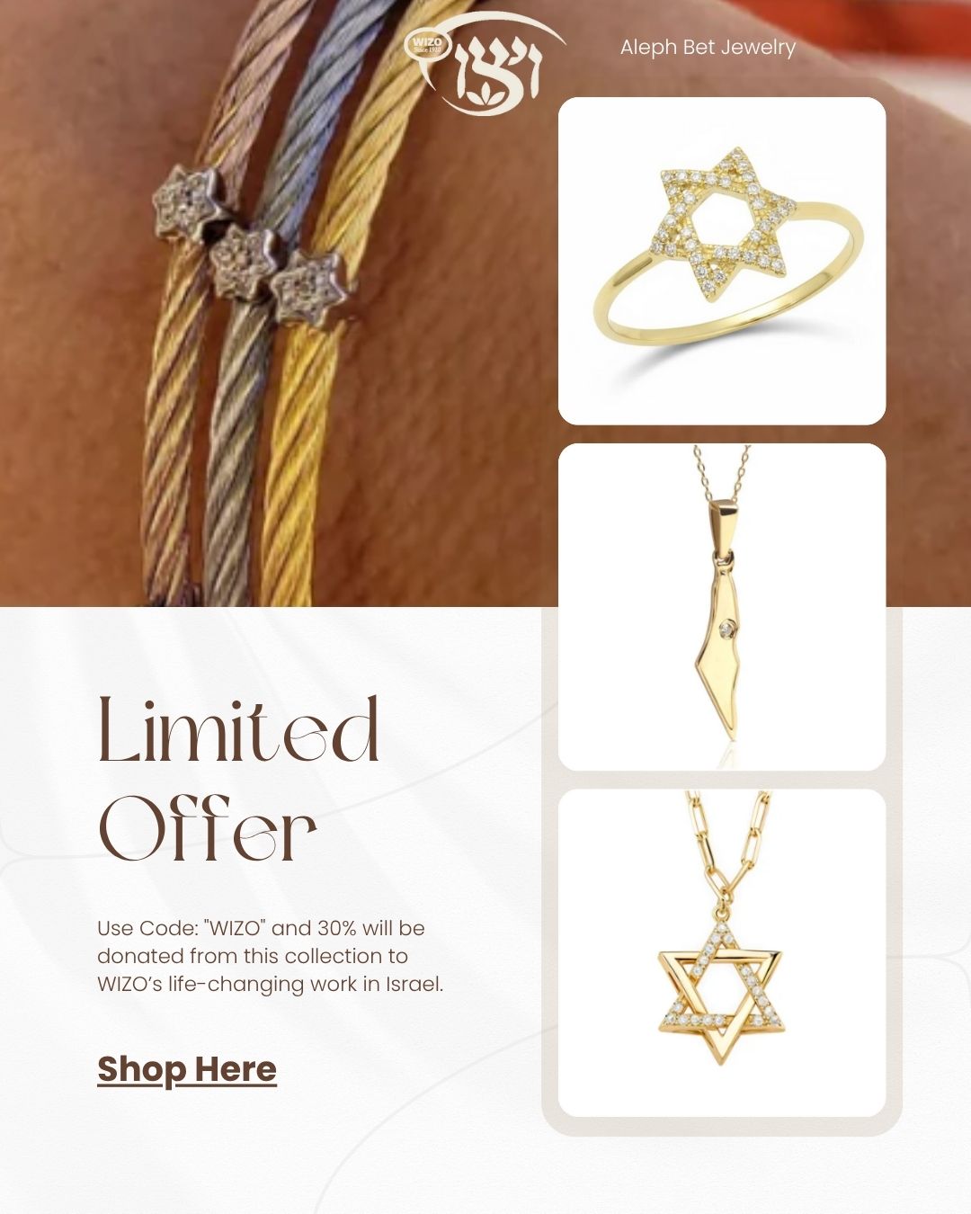 WIZO x Aleph Bet Jewelry collab